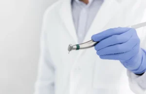 closed-up of dental handpiece and a dental professional holding it while wearing Virta Glove